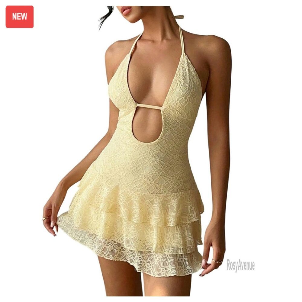 Summer Halter Mini Dress with Lace Ruffle Tiered Boho Style
